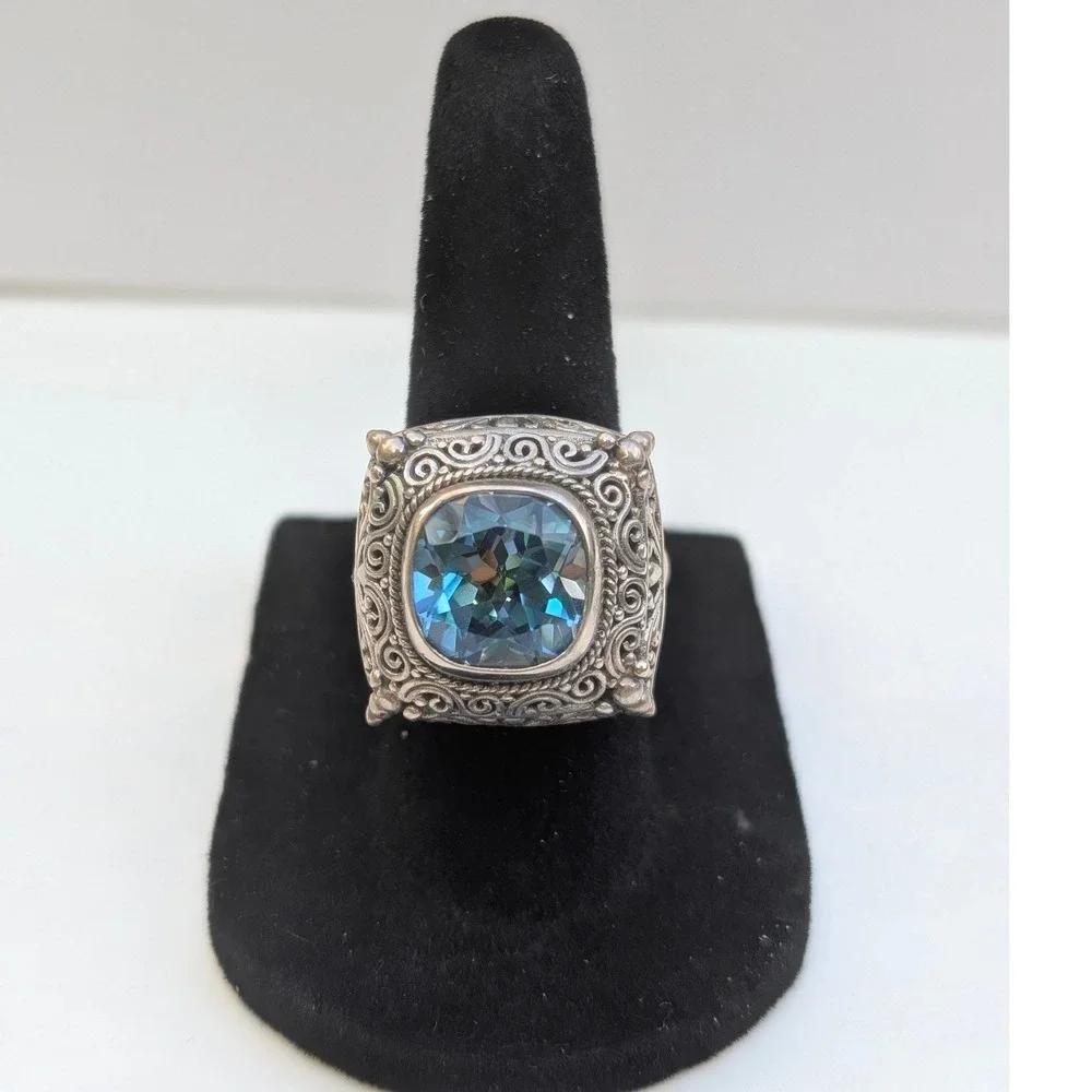 Sarda Sterling Silver 925 Blue Topaz Filigree Bali‎ Scroll Cocktail Ring Size 7
